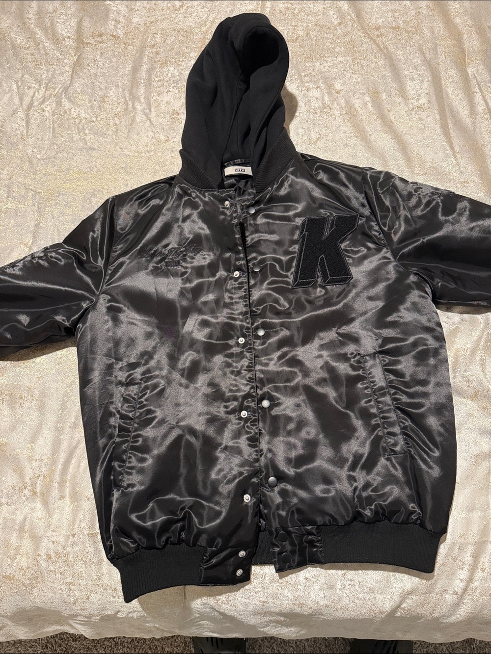 Kith Black Satin Hooded Varsity Bomber Jacket